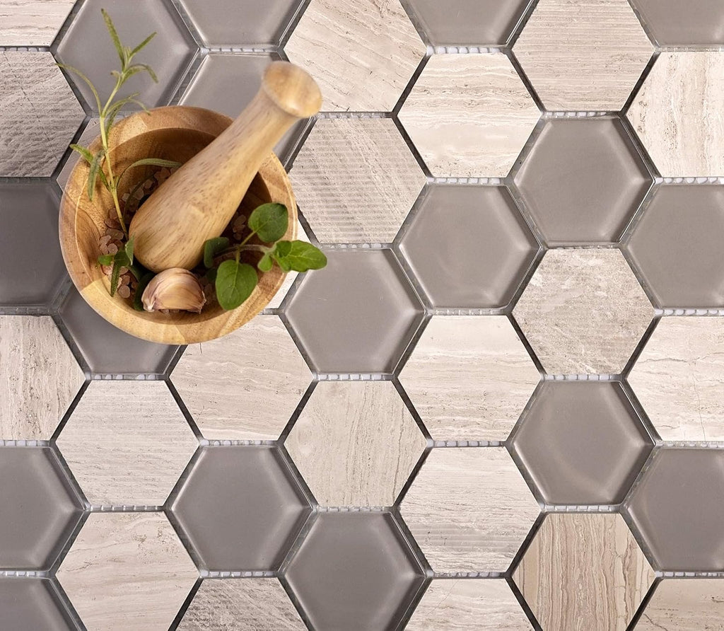 Hexagon Mosaic Glass & Marble Tile Grey 11.8x12 Polished 4.92 sq ft 5-Pack | Mesh-mounted natural stone. Kitchen