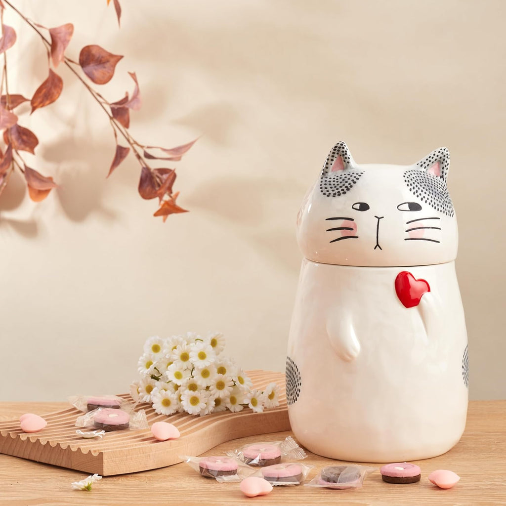 Cartoon Cat Handpainted Stoneware Air Tight White 10.2 inch Cookie Jar, Dishwasher Safe, for storing Cookie, Candy