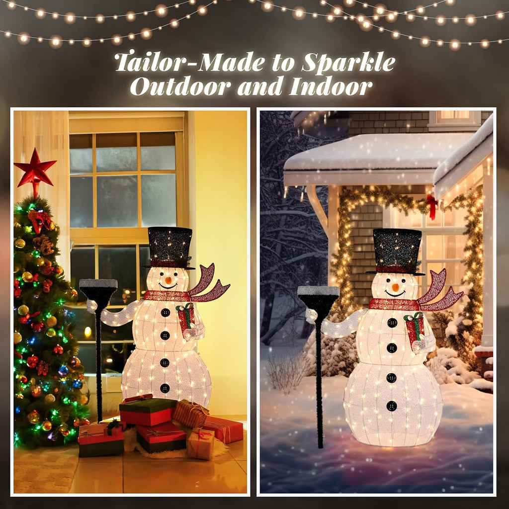 5FT Outdoor Snowman Christmas Decorations, Lighted Outdoor Snowman w/200 LED Lights, Tall Hat, Red Scarf, Ground