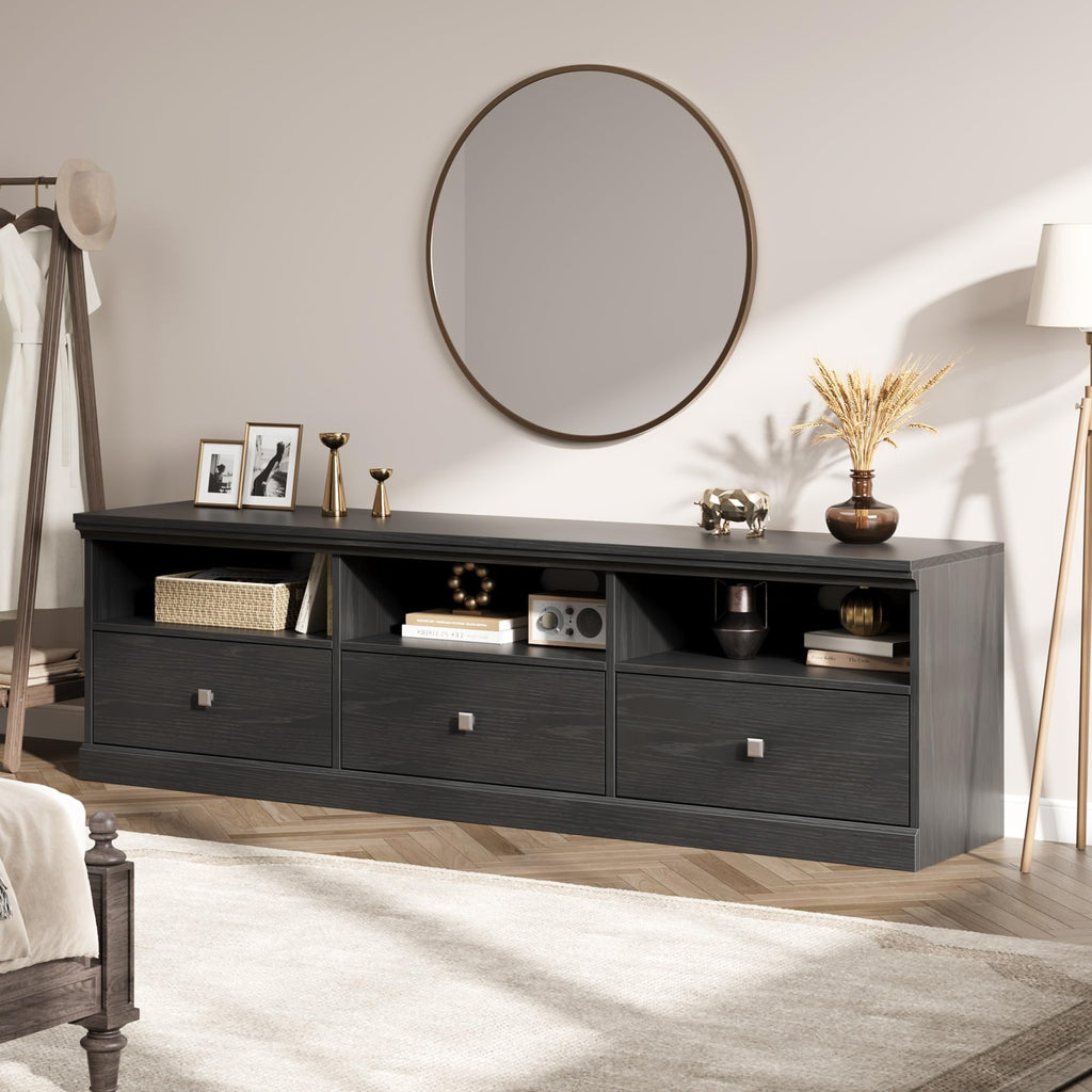 70 Inch Mid-Century Modern TV Stand for 65/70/75 in TV, Entertainment Center with 3 Storage Drawers & Open Shelves