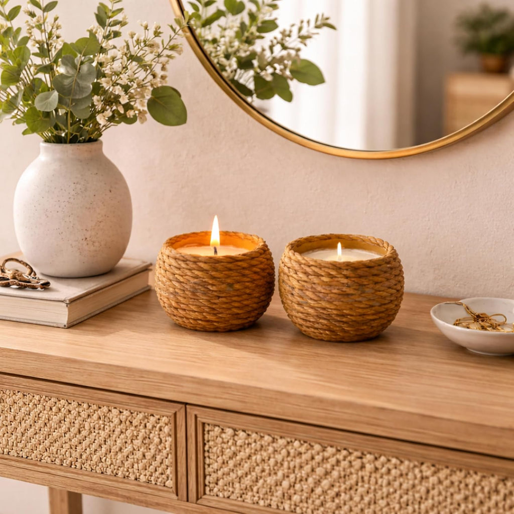 Large Basket Ceramic Candle Bowls 6 oz - Set of 2