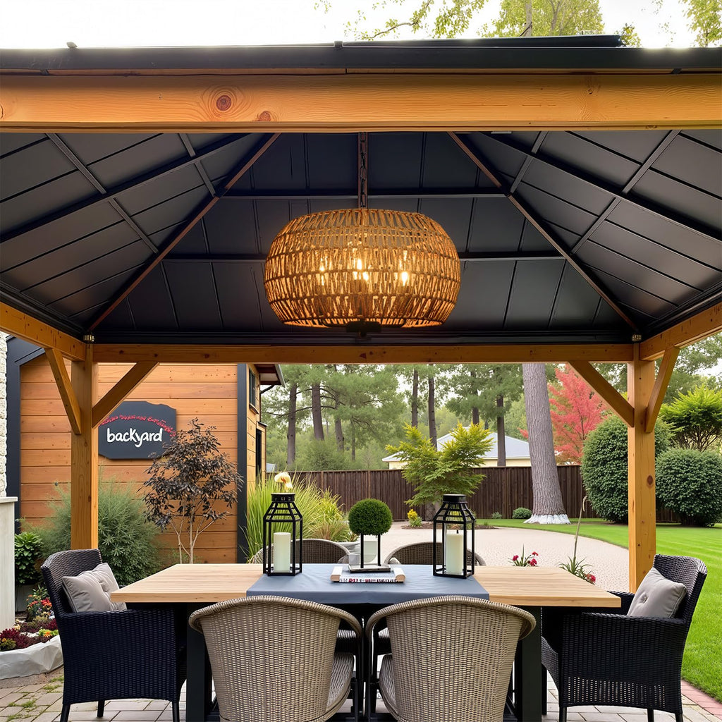 Outdoor Solar Chandelier, 4-Light 19" Rattan Outdoor Chandelier, Hanging Pendant Lights, Waterproof, for Gazebo