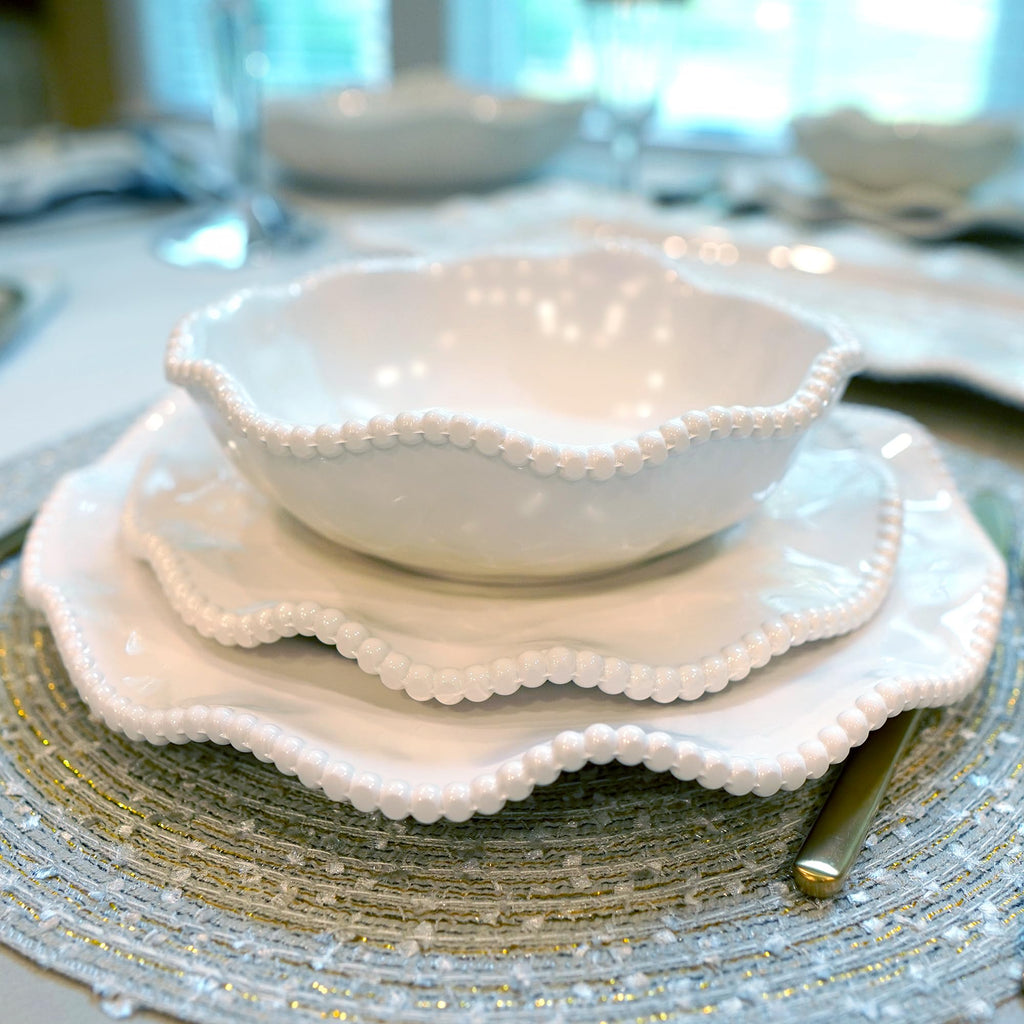 Perlette Off-White Beaded 12-Piece Dinnerware Set - Includes 4 Dinner Plates, 4 Salad Plates, 4 Bowls (7.5" x 2", 22