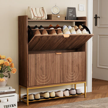 Narrow Shoe Storage Cabinet with 2 Flip Drawers, Wooden Freestanding Hidden Shoes Rack Organizer, Mid-Century Modern
