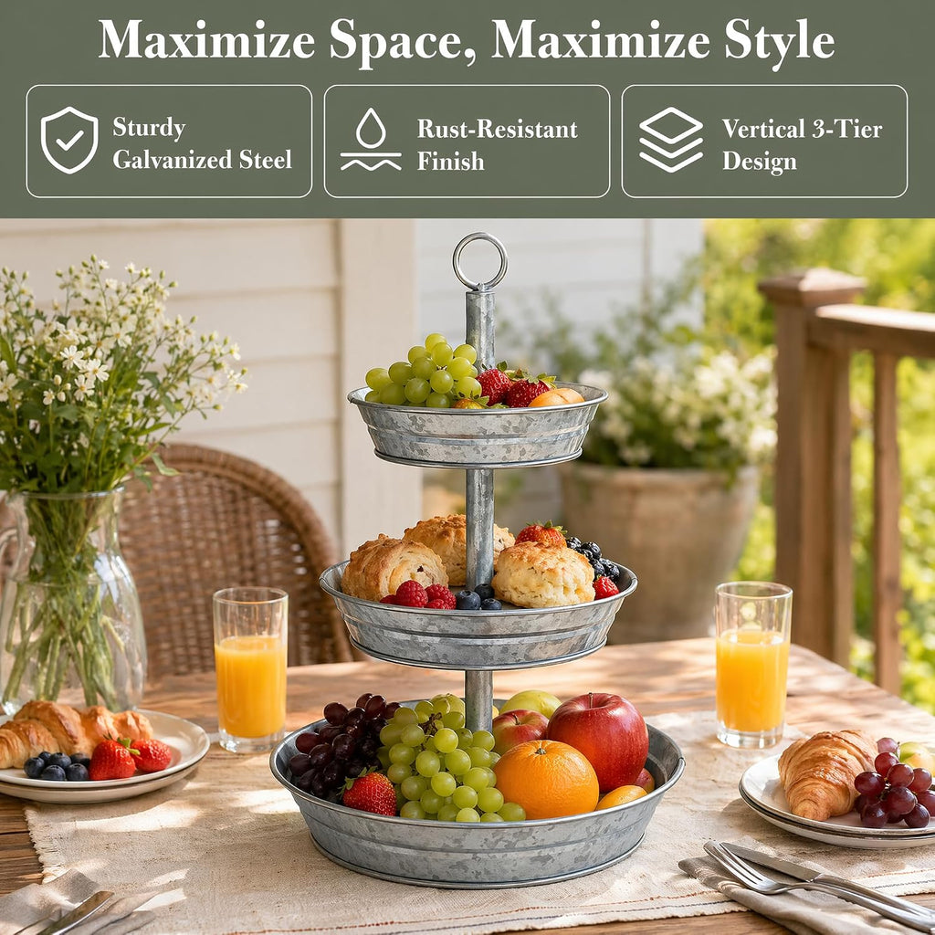 3 Tier Serving Tray, Galvanized Metal Cupcake Stand Vintage Dessert Appetizer Stand, Rustic Home and Garden Display
