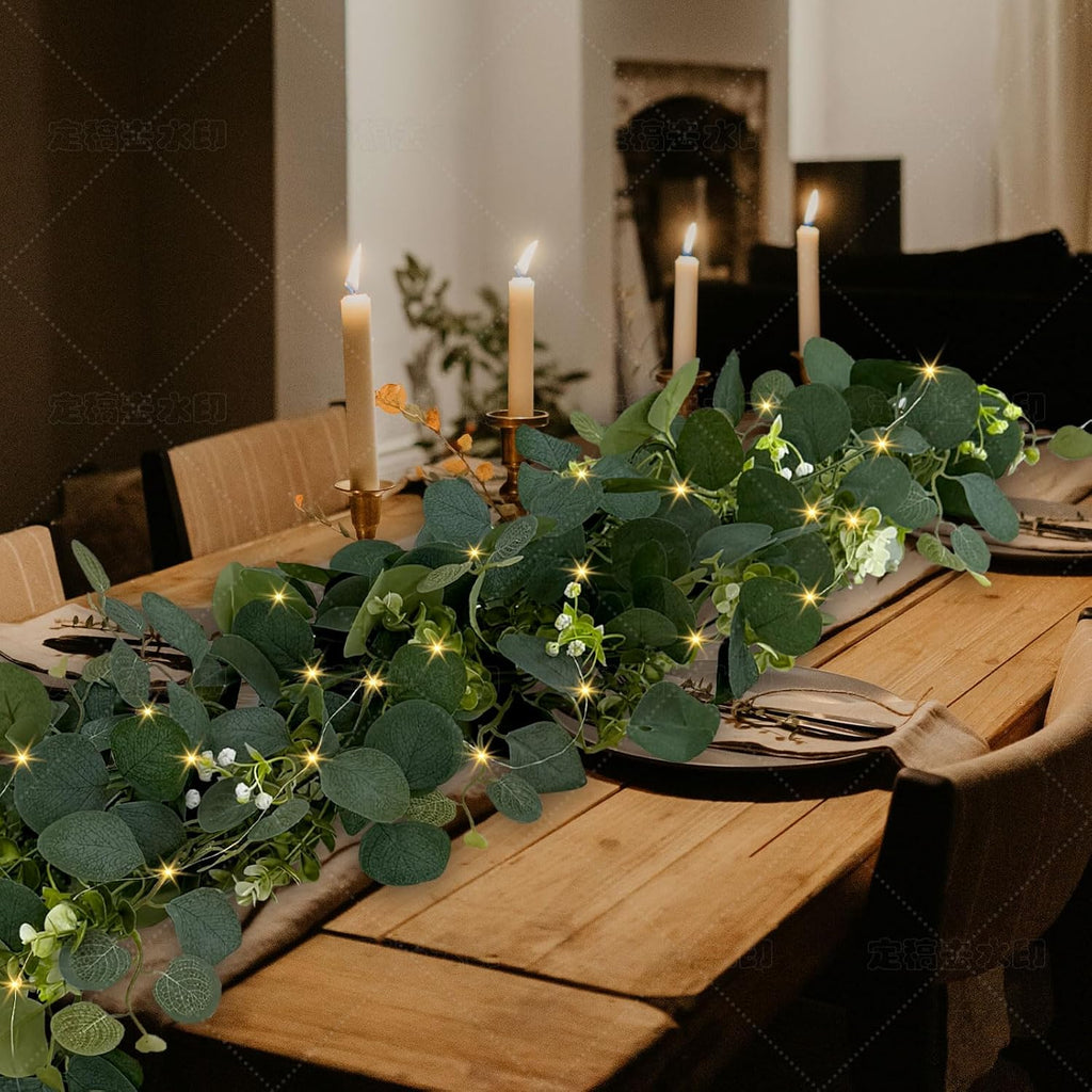 Eucalyptus Garland with Lights, 2 Packs 6FT Green Flower Garland Decor, Artificial Faux Eucalyptus Leaves Greenery - Set of 2