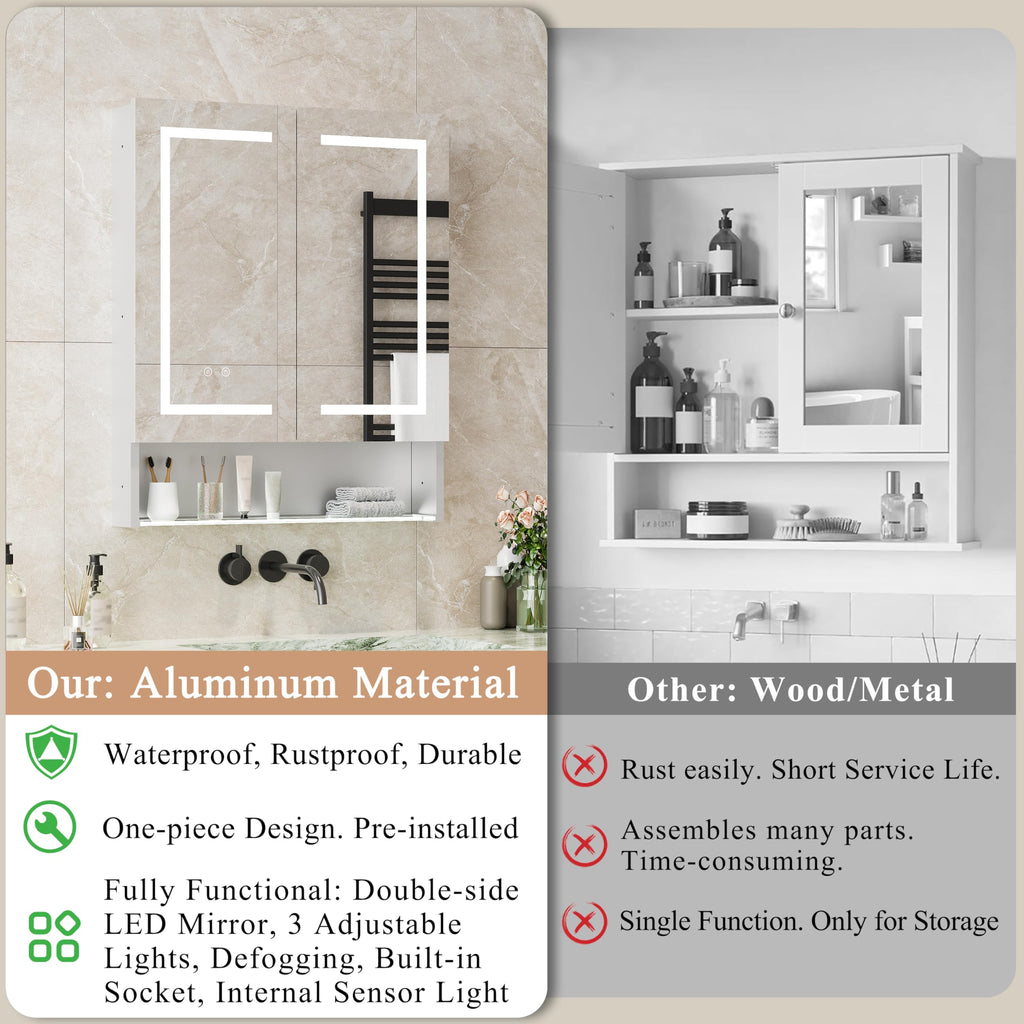 Lighted Medicine Cabinet with Double-Sided LED Mirror, Aluminum Bathroom Mirror Cabinet with Storage, Dimmable 3
