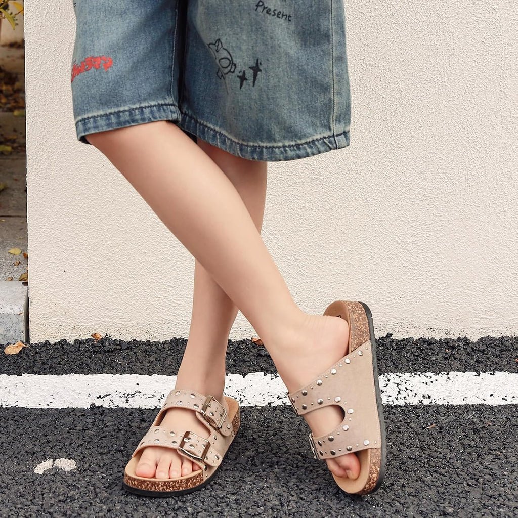 Kids Cork Footbed Sandals Boys Girls Fashion Studded Double Buckle Slides