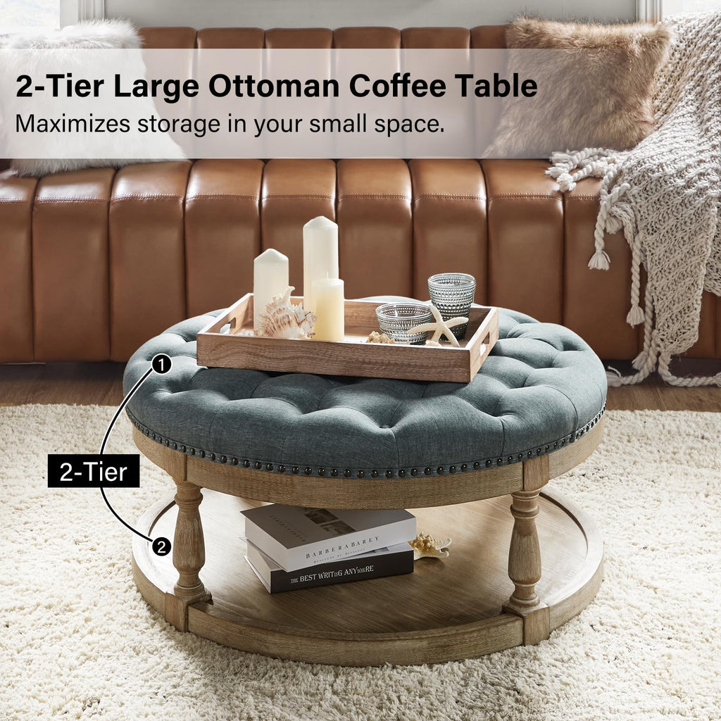 Round Ottoman Coffee Table, 2-Tier Large Button Tufted Ottoman Footrest, with Wood Shelf Storage Farmhouse