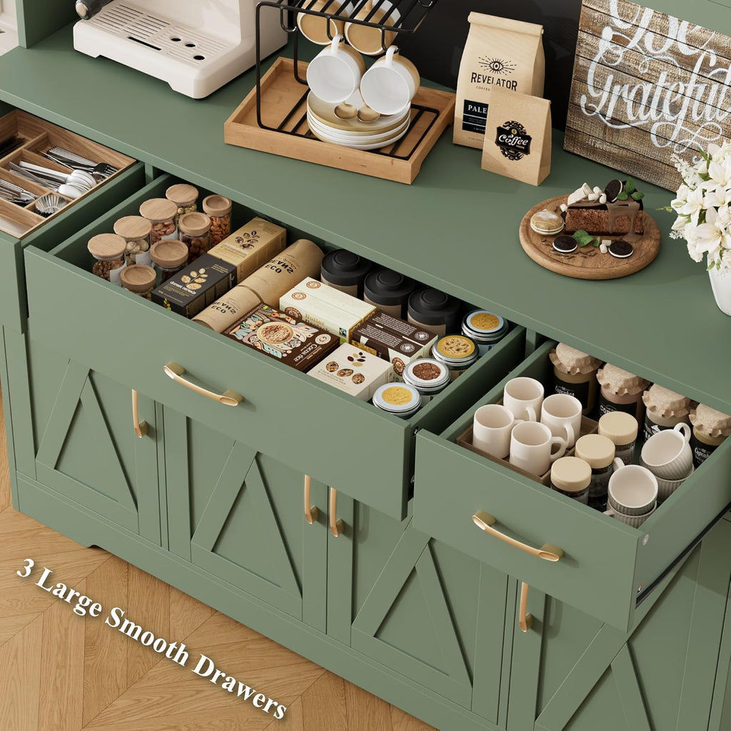71" Tall Kitchen Pantry Storage Cabinet, 55" W Kitchen Hutch, Green | Large Pantry Cabinet with Charging Station /