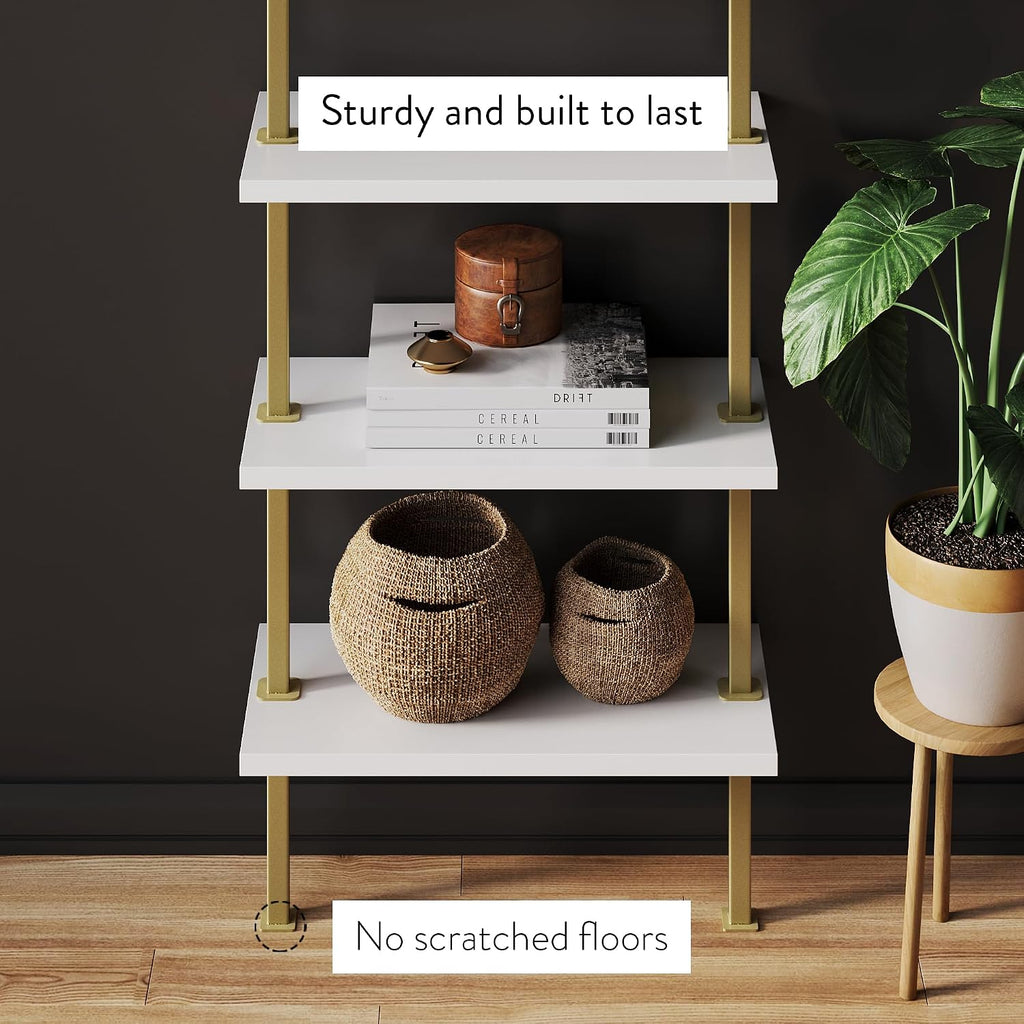 Theo 5-Shelf Gold, Ladder Bookcase with Gold/Brass Metal Frame, White, Set of 2