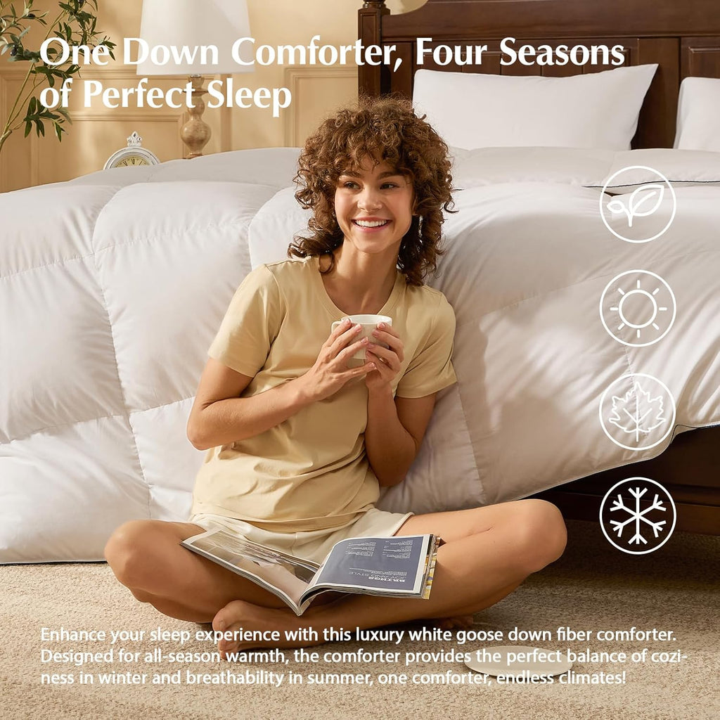 Goose Feather Down Fiber Comforters King, Extra Fluffy White Duvet Insert, Ultra-Soft, Breathable