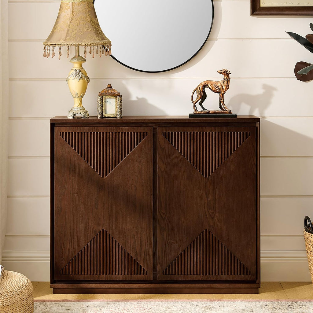 Narrow Sideboard Buffet Storage Cabinet with Solid Wood Doors | Mid Century Modern Accent Credenza Cabinet; Media