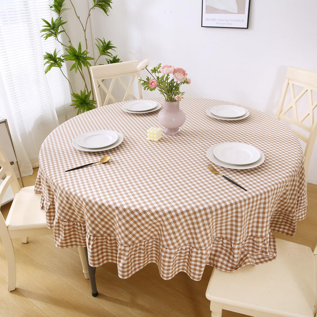 Taupe White Gingham Tablecloth Round Dia.90"