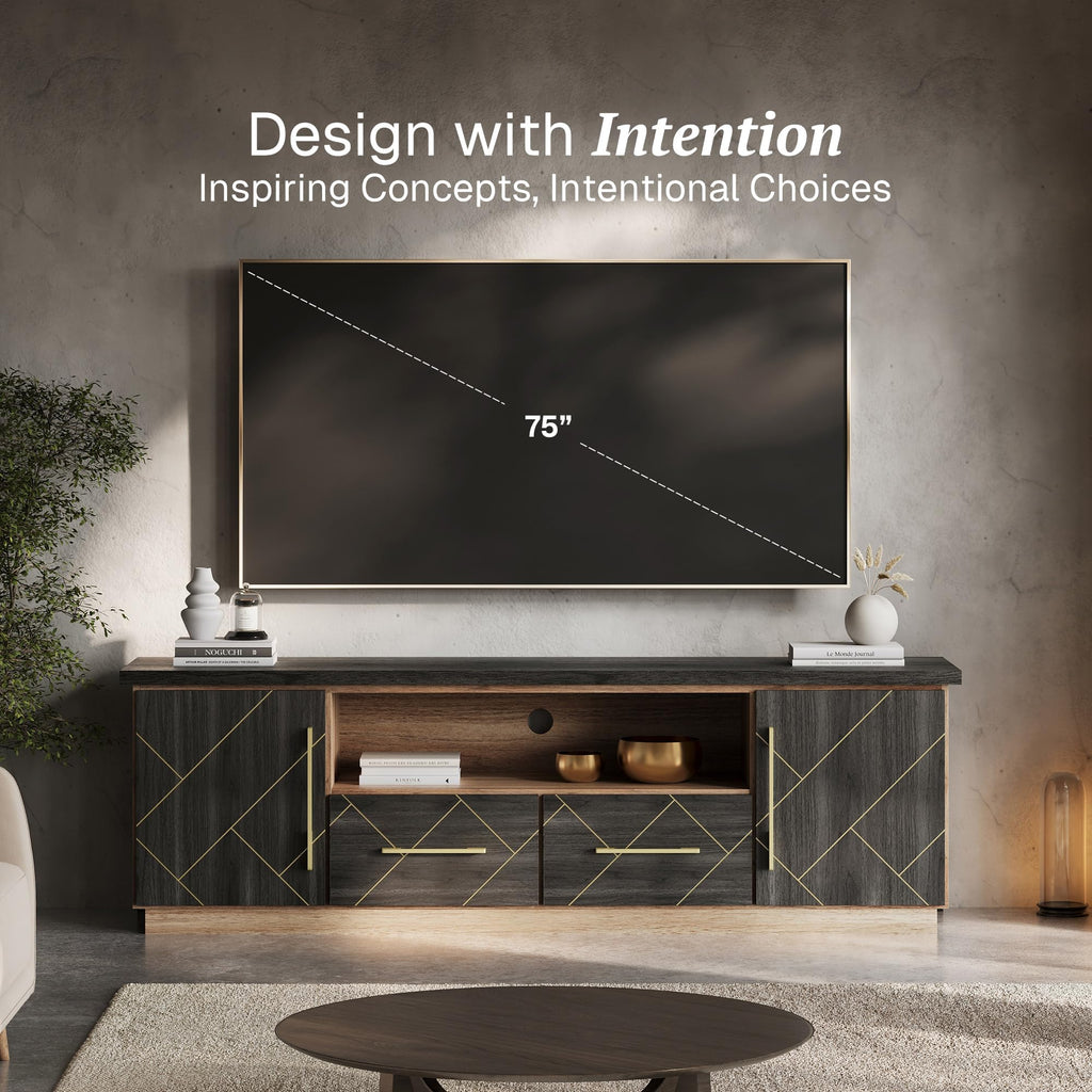 70 Inch Modern TV Stand with Gold Trim, Elegant Entertainment Center with Storage, Media Console Table with Drawers &