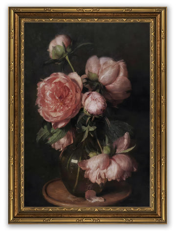 Gold Framed Vintage Dark Pink Peony Wall Art, Moody Floral Canvas Artwork