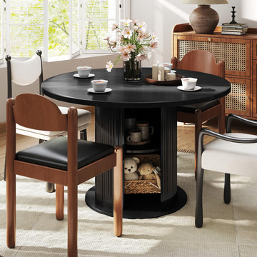 47 Inch Round Dining Table for 4-6, Circle Farmhouse Kitchen Table with Storage Space, Wood Strip Base, Lunch (Black)