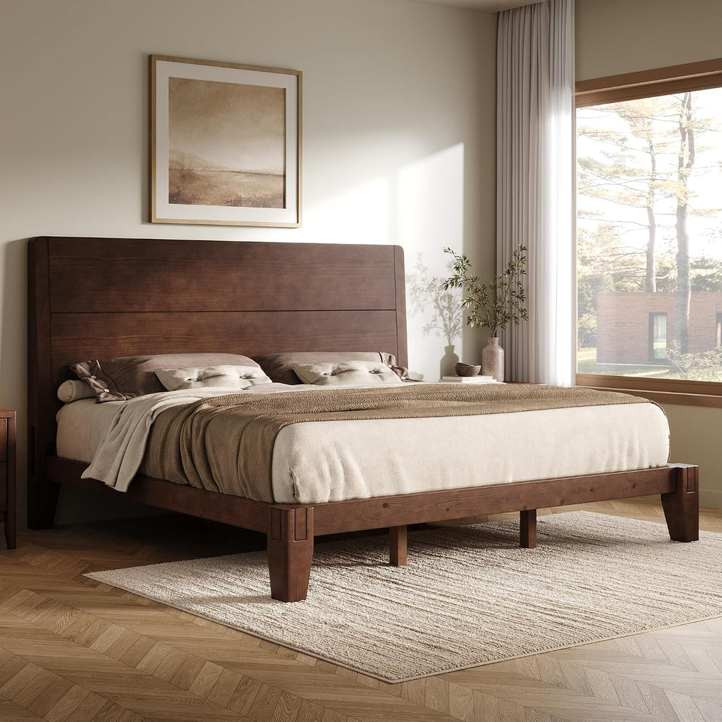 Solid Wood King Bed Frame with Headboard, Japanese Joinery, Walnut