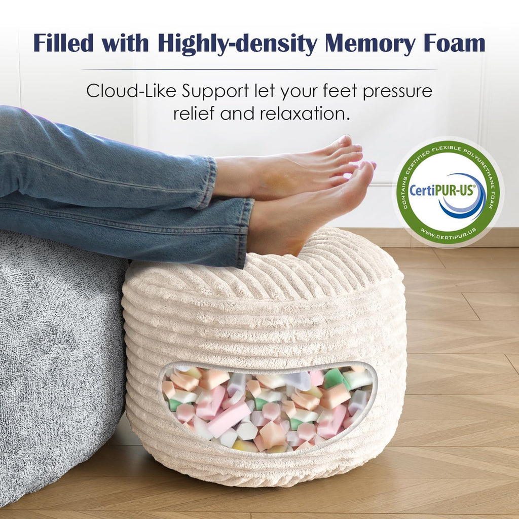 Stuffed Round Ottoman, Pouf Ottoman Foot Rest, 20 X 15, Beige