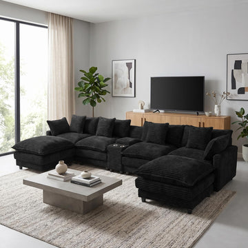 143" Oversized U-Shaped Cloud Sectional Sofa, Black