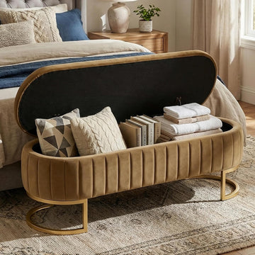 65" Velvet Storage Ottoman Bench End of Bed Entryway Coffee | Velvet Large Storage Solid Wood with Metal Leg 300 lbs