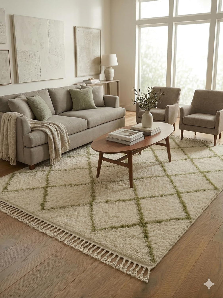 Handmade Moroccan Berber Area Rug 6' x 9', 100% Wool High Pile Shag, Beni Ourain Style, Ivory/Cream with Green