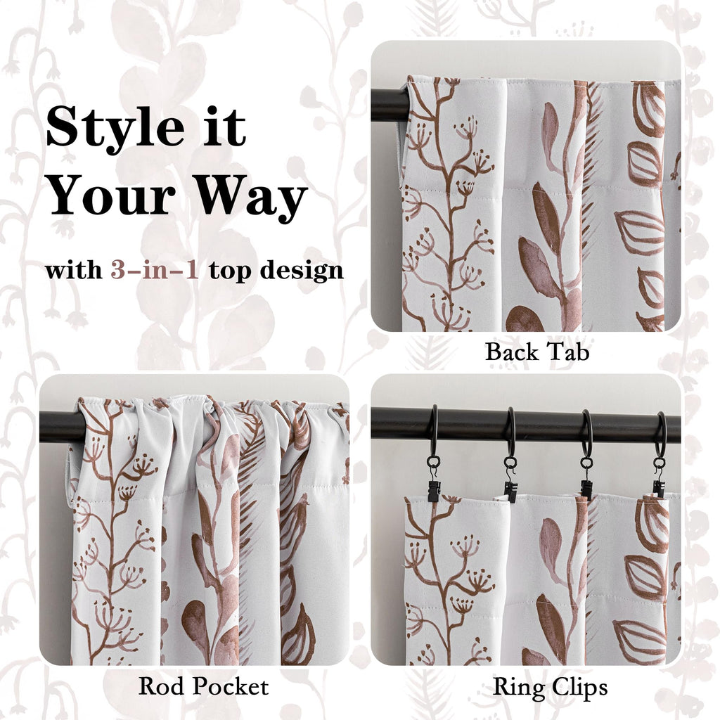 95% Blackout Curtains, Thermal Insulated Privacy Protection Back Tab Curtains 72 Inches Length, Brown Leaf Pattern