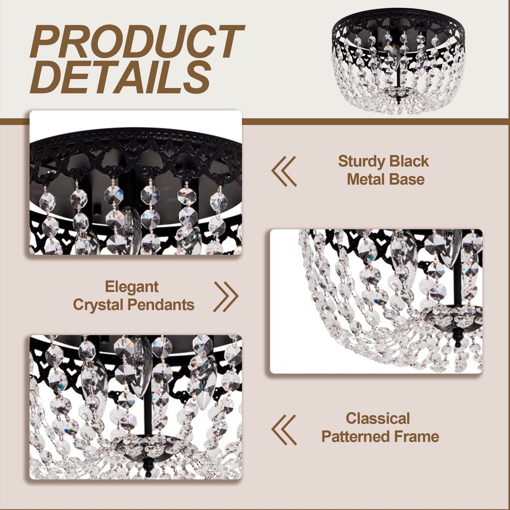 15" Black Crystal Ceiling Light, 4-Lights Vintage Farmhouse Flush Mount Chandelier, Antique French Empire Ceiling