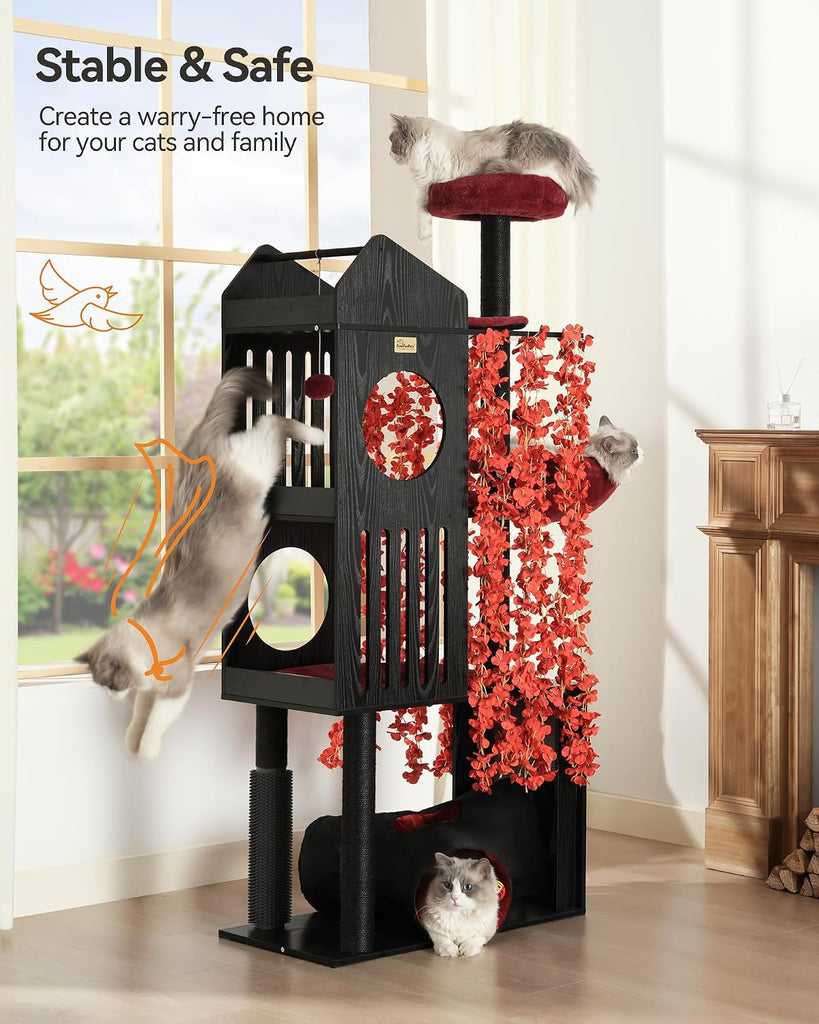 Gothic Cat Tree with Leaves, 67" Tall Cat Tower, Anti-tip Kit