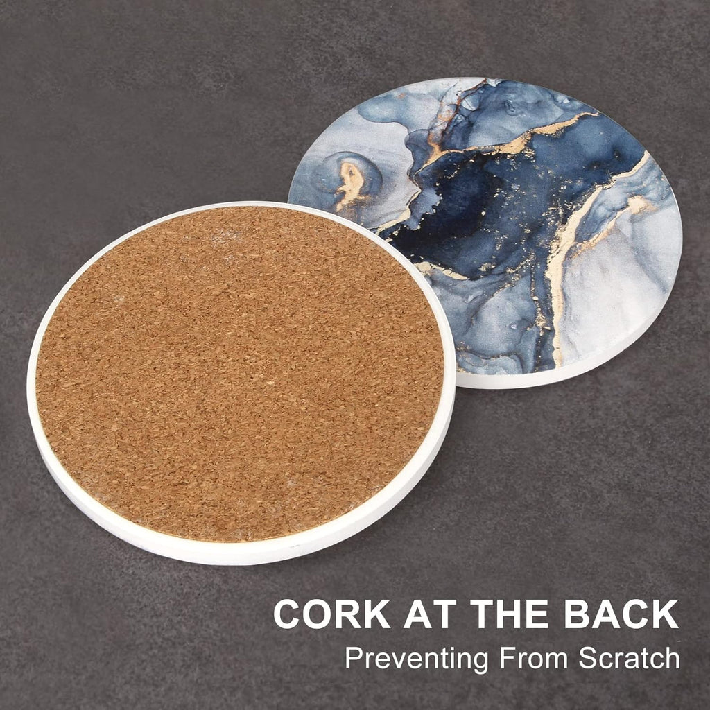 Coasters, Navy Blue Marble Abstract Ceramic Coasters with Holder - Set of 6
