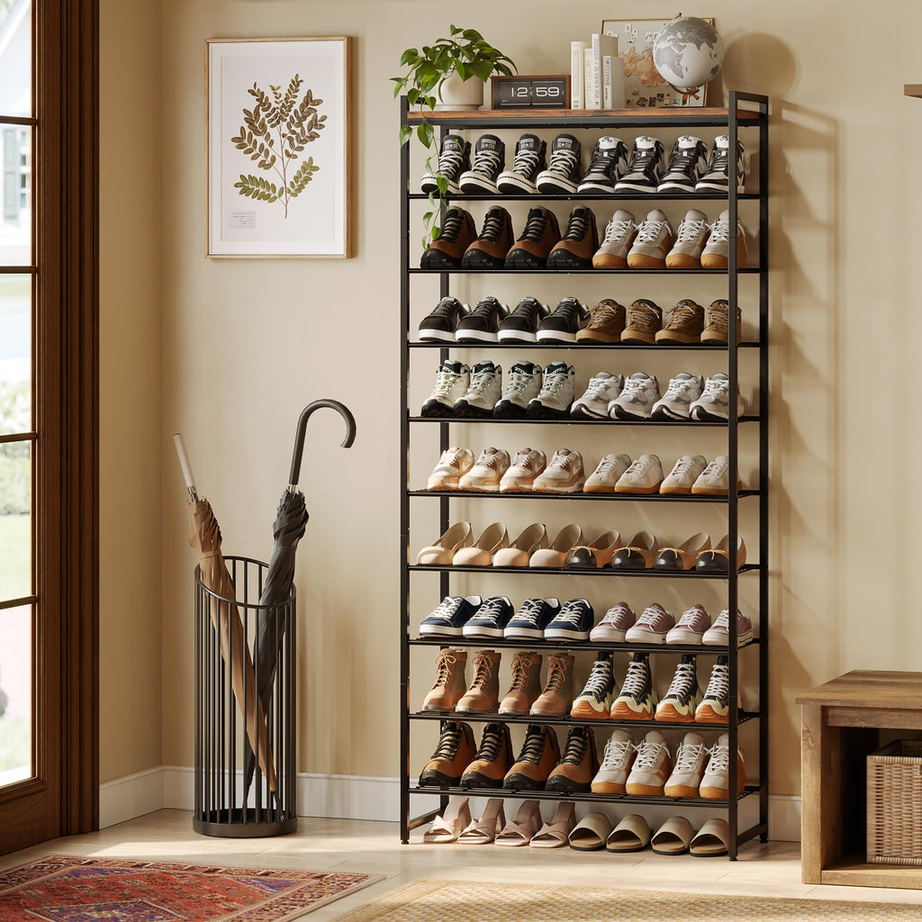 10 Tier Shoe Rack Organizer for 40-50 Pairs, Tall Metal Shoe Storage Shelf with Wood Top, Adjustable Boot Space