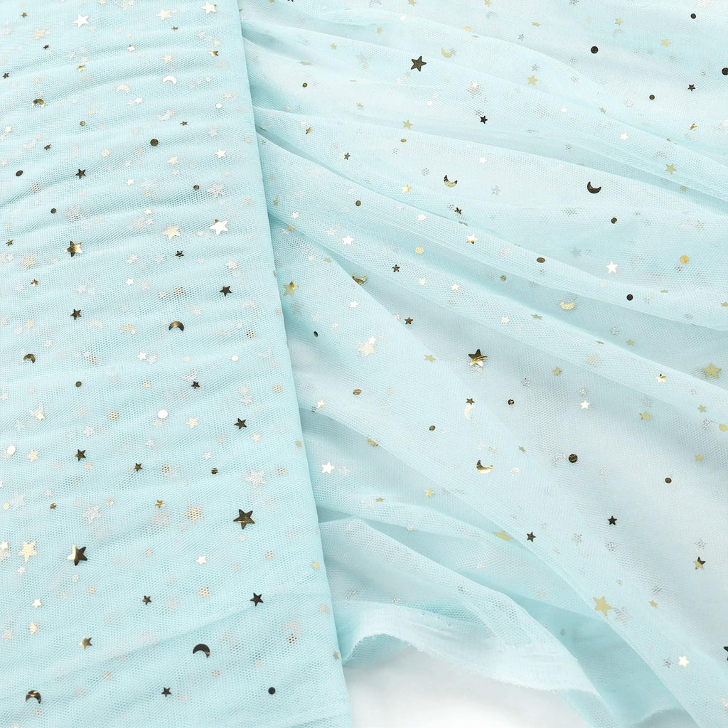 59" x 4 Yards Light Blue Glitter Tulle Rolls Star Moon Sequin Tulle Fabric Bolt for Photography Props Background Tutu