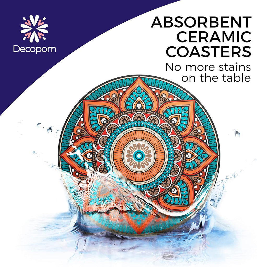 Mandala Drink Coasters with Holder - 8 Set Ceramic Boho Coaster for Drinks Absorbent with Cork Base and Black Holder - Set of 9