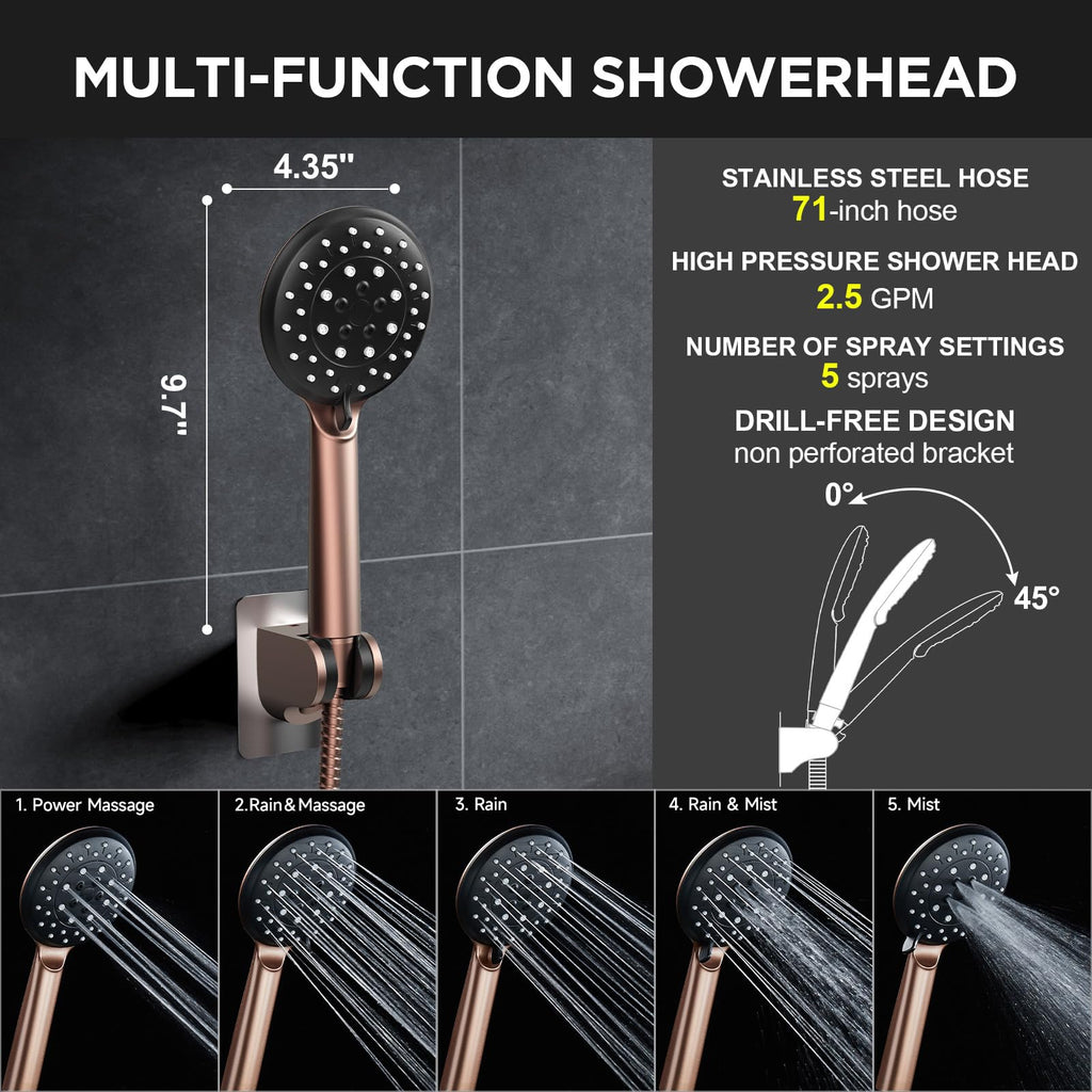 Rose Gold 11.8" High Pressure Shower Head with Handheld, Easy Install