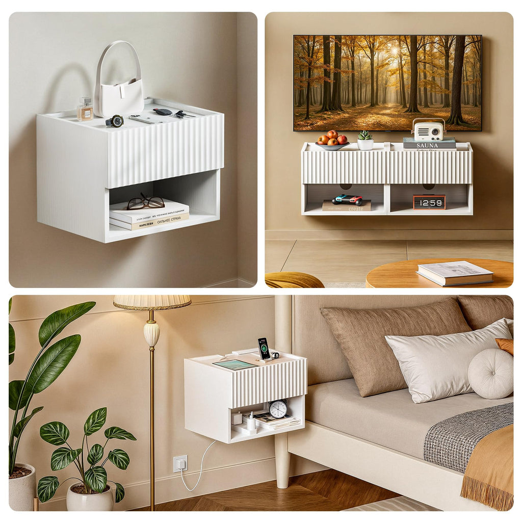 Floating Nightstand Bedroom Bedside Table - Wood Night Stand Set 2 for Small Spaces, Wall Mounted Cabinet with