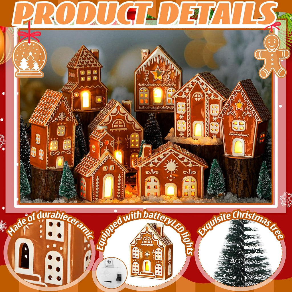 29 PCS LED Gingerbread Christmas Village Sets 8 Lighted Ceramic Gingerbread Village Houses with Remote Control and 13