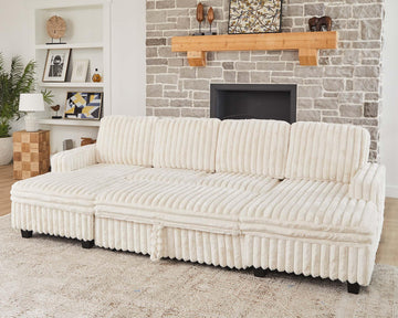 Modular Sectional Sleeper Sofa with Pull Out Couch Bed Corduroy Double Chaise with Storage Beige Couch