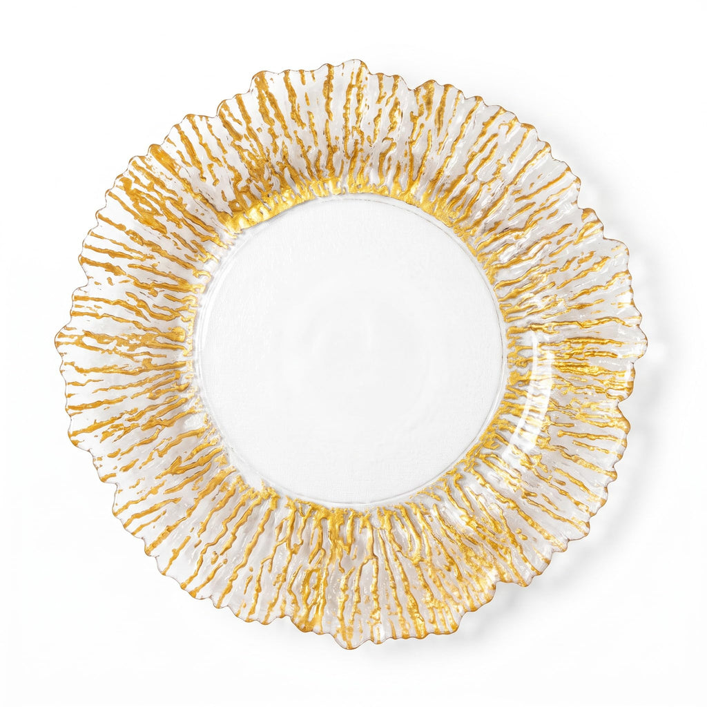 Gold Reef Glass Charger Plates, Set of 12-13 Inch Round Clear Chargers for Dinner Settings with Bottom Foil Accent