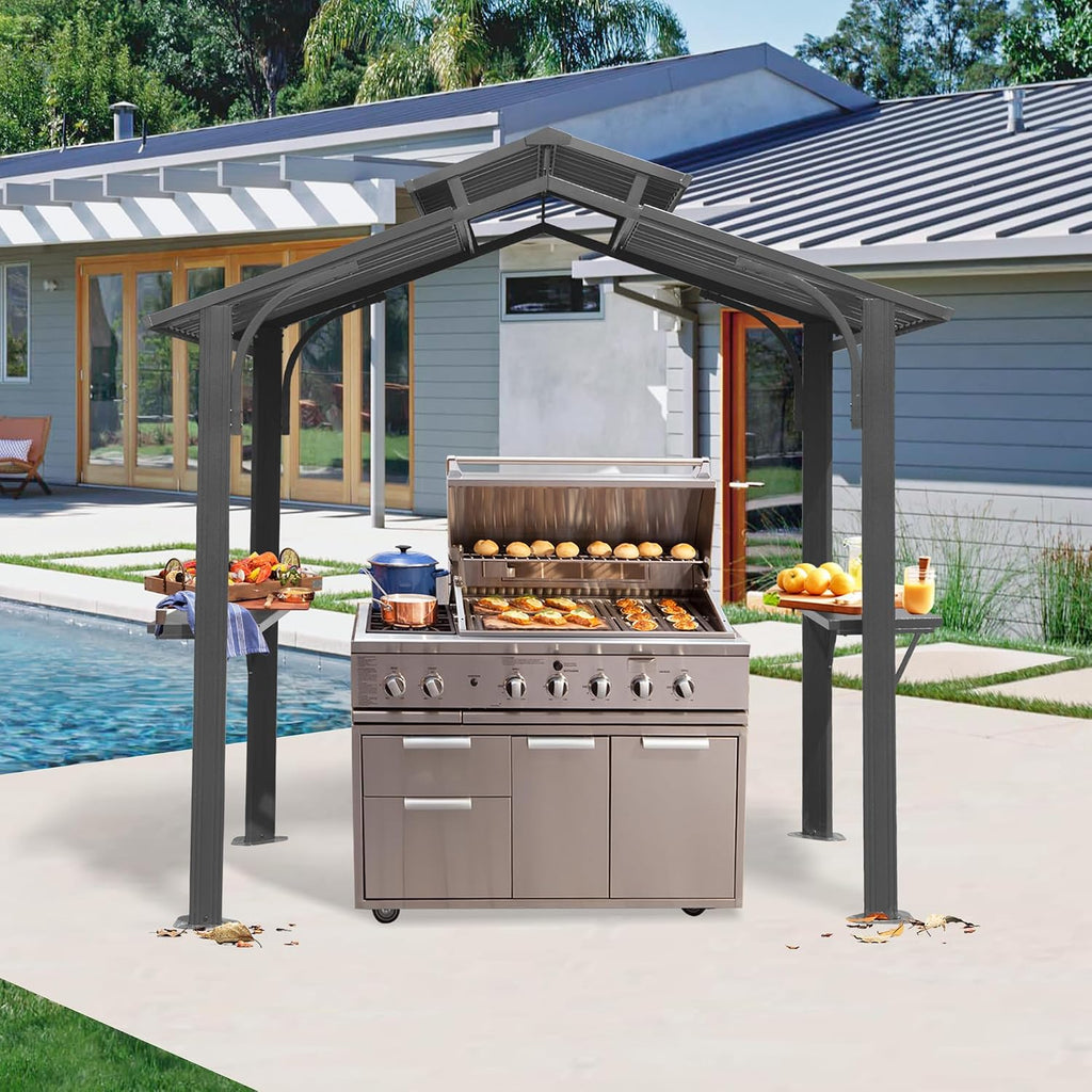 8x5FT Hardtop Grill Gazebo, Outdoor BBQ Gazebo with 2 Side Shelves and Ceiling Hook