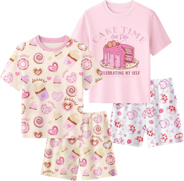Toddler Girl Pajamas 100% Organic Cotton 4 Piece Short Sleeve Summer Pajama Set Kids Pajamas Snug Fit Pjs Set