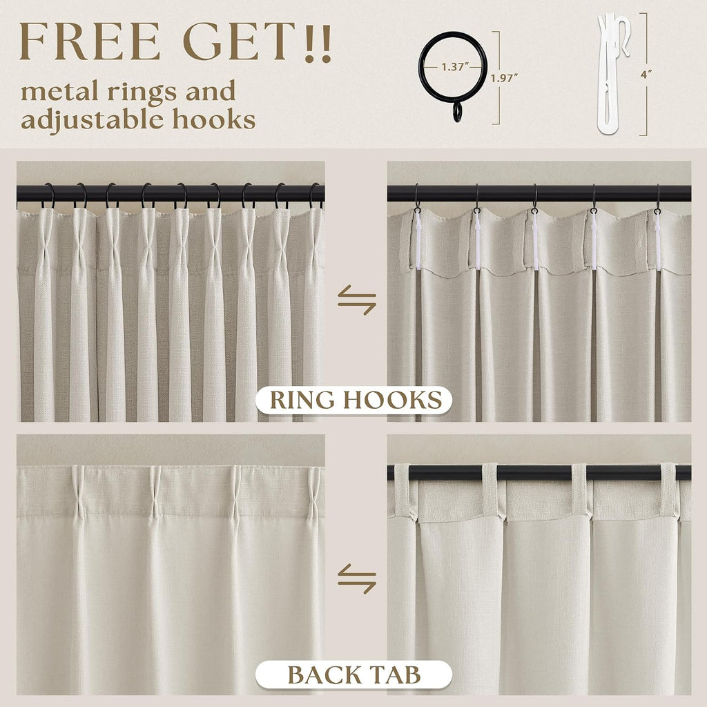Natural 112 Inch Pinch Pleated Semi Sheer Curtains 2 Panels Set for Sliding Glass Doors, Memory Shape Pleat Thick