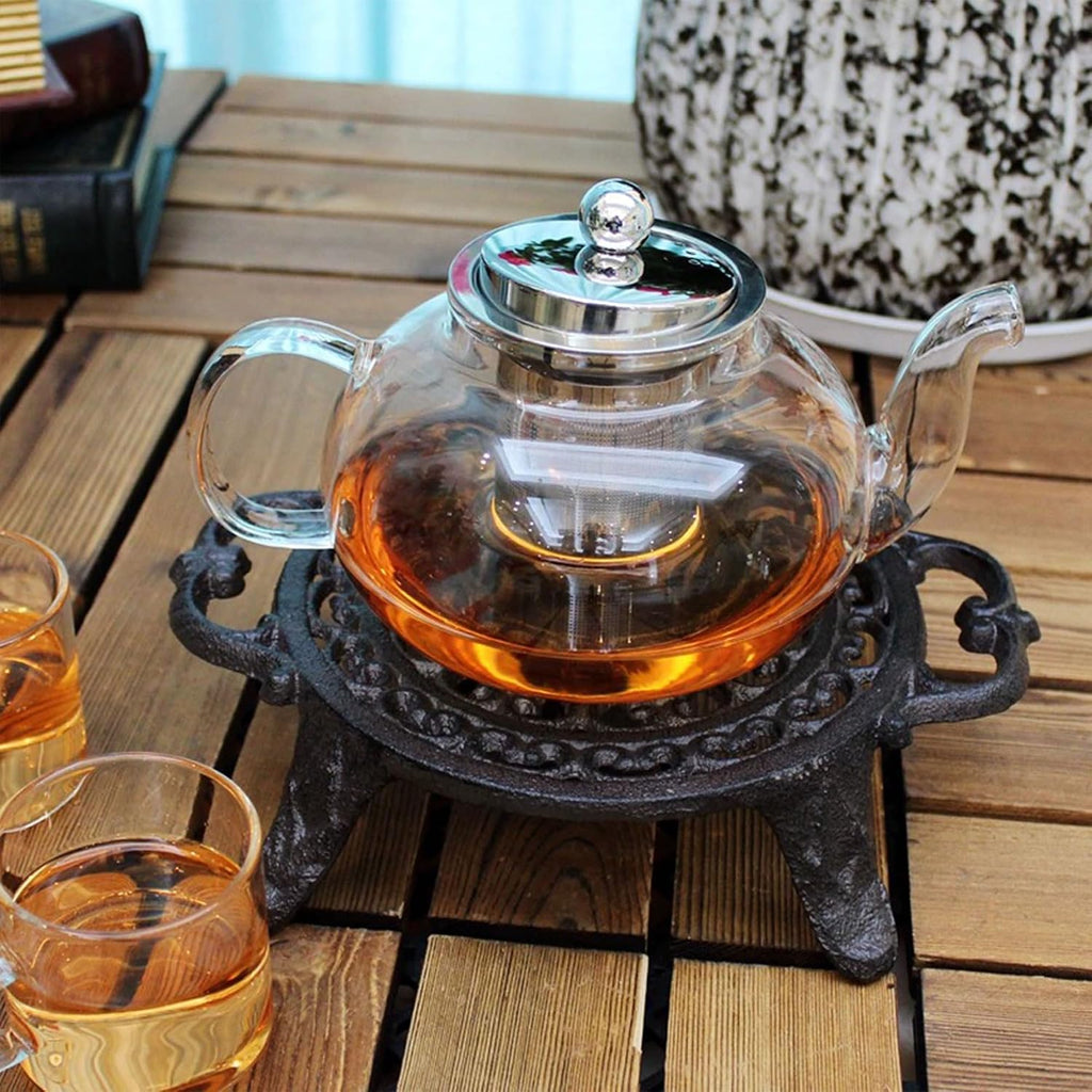 9 Inches Cast Iron Teapot Warmer Dish Cups Trivet,Round-Shaped Double Eared Design with Tealight Holder - Heavy Duty