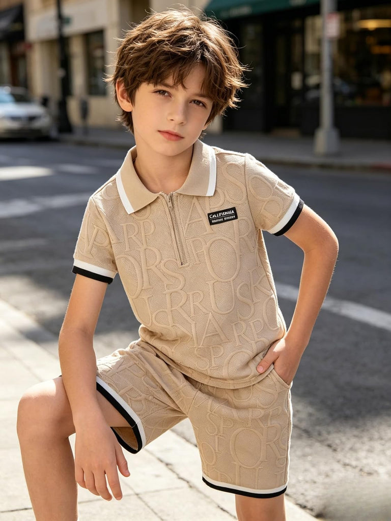 Boys Clothes Piece Casual Street Style Turn-Down Collar Half Zip Kids Teen Boys Summer Outfits