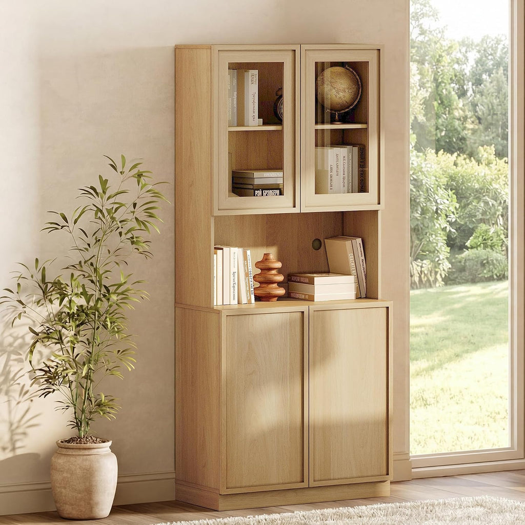 Modern 72" Tall Bookshelf with Glass Doors & Adjustable Shelves, Library Bookcase with Closed Storage Cabinet and