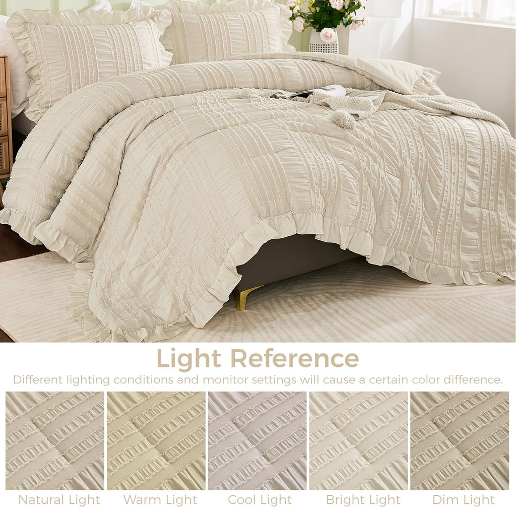 Beige Ruffle Comforter, Boho Shabby Chic Bedding for Bed, Soft Seersucker Farmhouse Bedding Set with 1