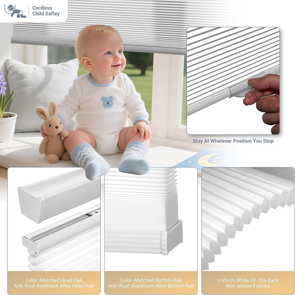 Top Down Bottom Up Cordless Cellular Shades,White, | Pull Down Honeycomb Blinds with Room Darkening Design, Light