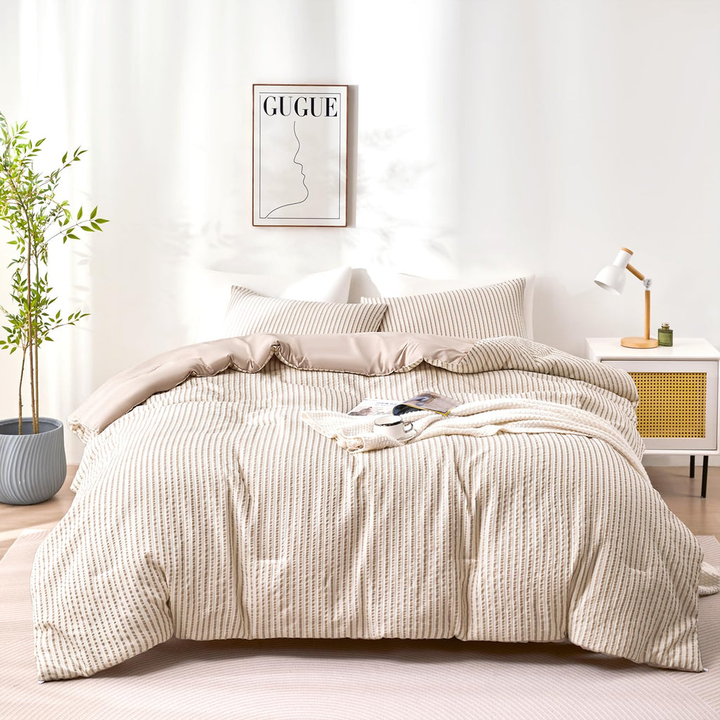 Boho Comforter Set Queen Size Tan Beige & White Striped Tufted Bedding 3 Pcs