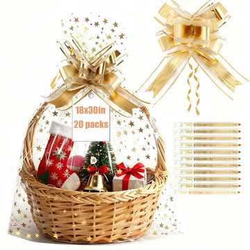 20 Pieces Large Cello/Cellophane Bags 18x30 Inches Clear Basket Gift Bags Gold Star Printed OPP Plastic Cellophane
