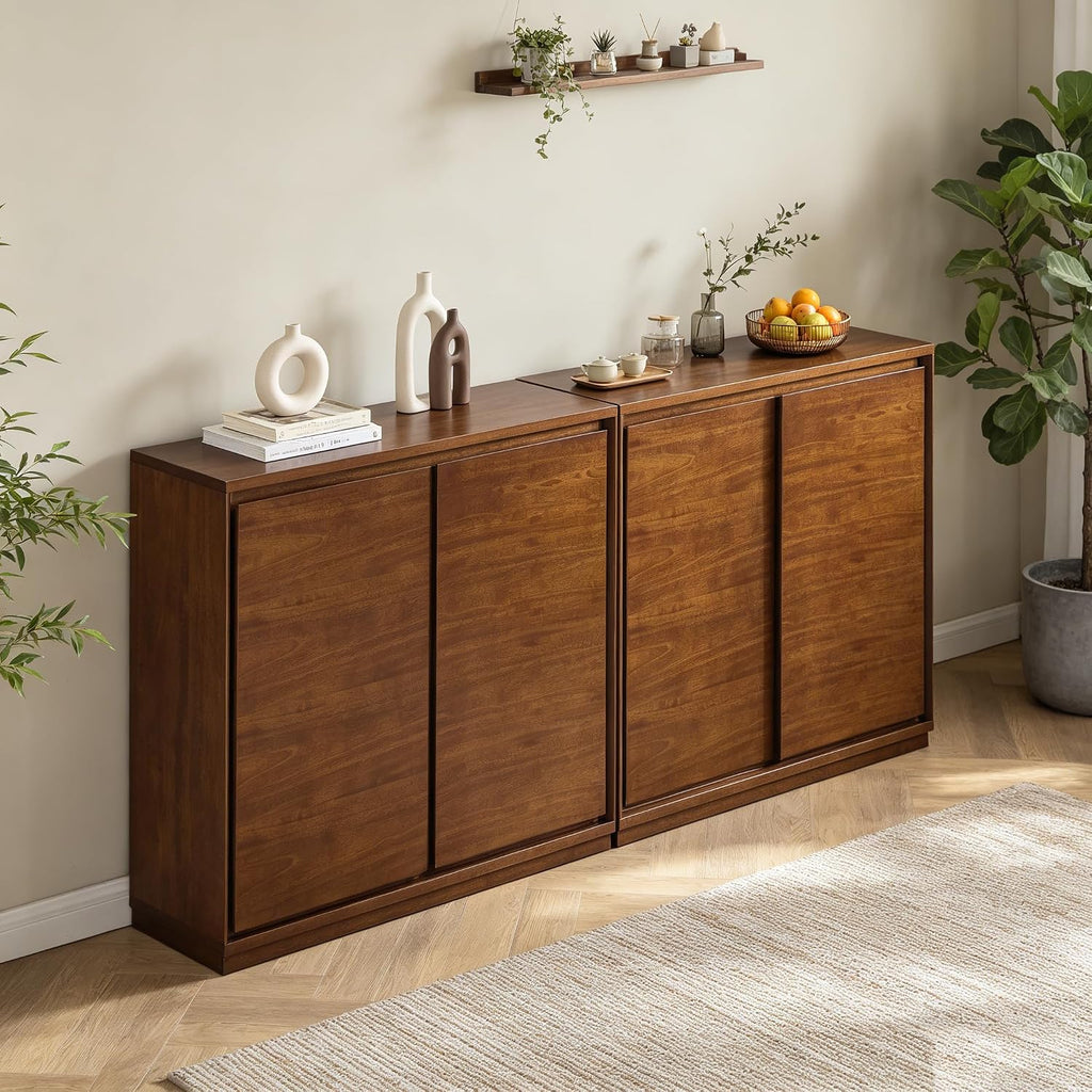 39" Accent Cabinet Walnut Mid Century Modern Slim Sideboard Storage Console | 9.25''D Thin Credenza, 2 Doors, Cable