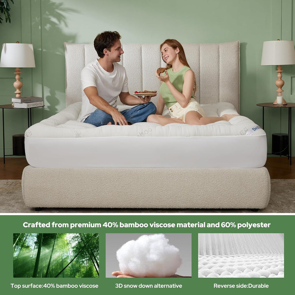 King Mattress Topper Viscose Bamboo, Thick Pillow Top Mattress Pad | Stretchable Pockets Fit 6"-18" Mattress, Soft